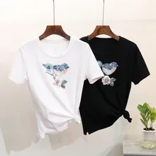 Летний мультфильм блестки с цветочным принтом птица с коротким рукавом Футболка Топ, Повседневная Опрятный пирог футболка