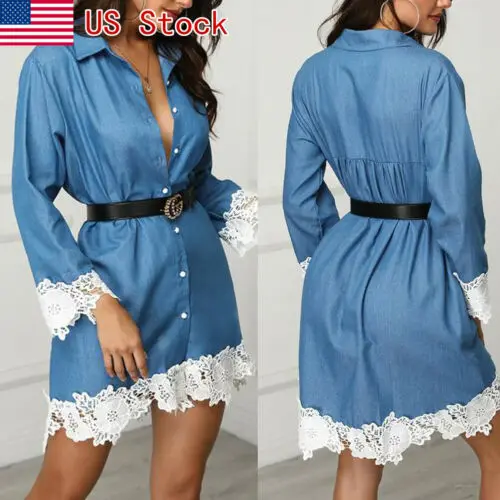 

Women's Summer Lace Patchwork Blue Denim Shirt Long Sleeve Casual Loose Shirt Mini Dress