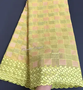 

baby yellow Lurex embroidery African Swiss Voile Lace Fabric decorated with stones high quality 7178 5 yards/PC