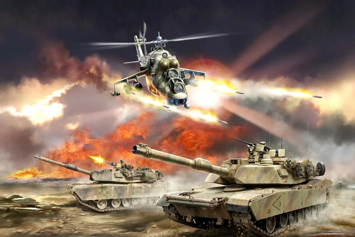 Abrams M1A1 Mi 24 tank и вертолет TQX016 плакат на холсте из ткани печать стене декор комнаты