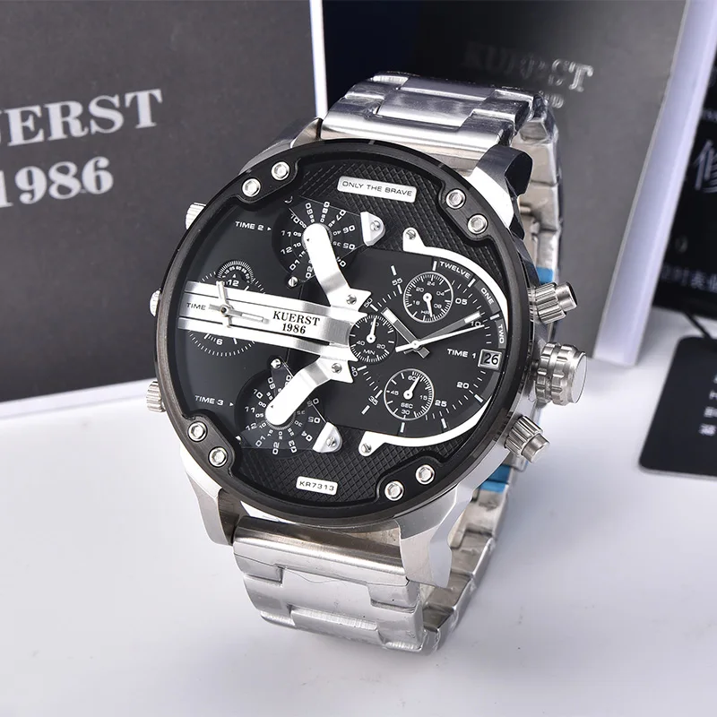 New Men's Large Dial Sports Watch Multi-time Zone Display Military Watch Men Luxury Brand KUERST Waterproof Quartz Watch