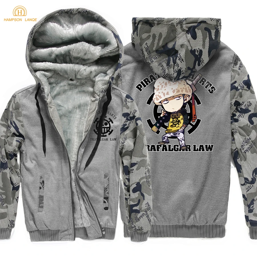 Зима горячая распродажа Теплая мужская Толстовка японская аниме One piece Luffy Trafalgar Law модные толстые толстовки свободная Мужская куртка - Цвет: dark gray 1