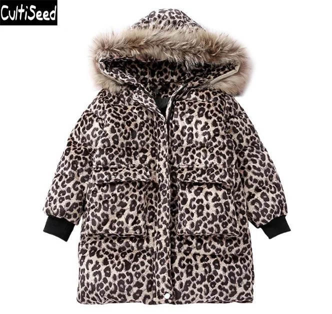 

Cultiseed 2018 Girls Winter Thiken Warm Leopard Long Cotton Down Parkas Coats Kids Korean Down Parkas Outerwear with Fur Hooded