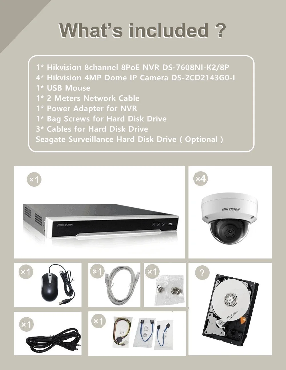 Hikvision 8MP разрешение записи NVR DS-7608NI-K2/8 P+ 4 шт Hikvision DS-2CD2143G0-I 4MP IP камера наблюдения H.265