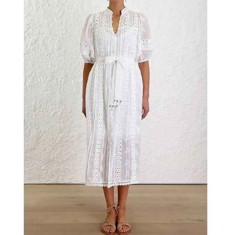 

BOHO INSPIRED Women's White flower Crochet-paneled Embroidered Dress Long Dress buttons down belt summer party dresses 2019