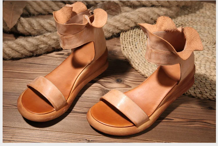 

Genuine Leather Women Sandals Ankle Strap Summer Shoes Leather Sandals 7 CM High Heels Wedge Retro Shoes Handmade 2019