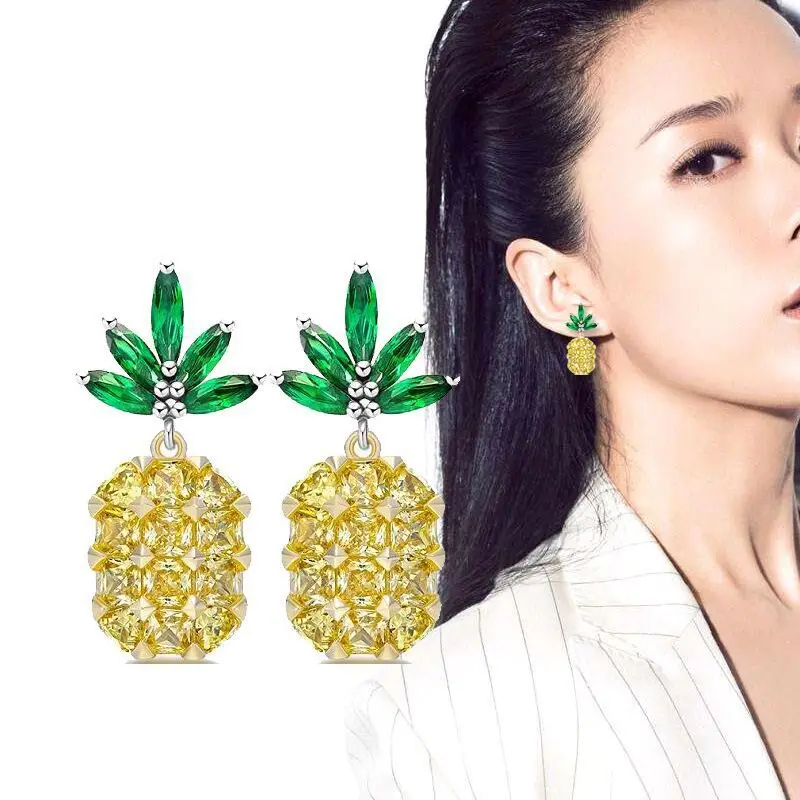 

Pineapple Stud Earring for Women 925 Sterling Silver Green Zircon Crystals Earrings female Ear brincos pendientes EH742