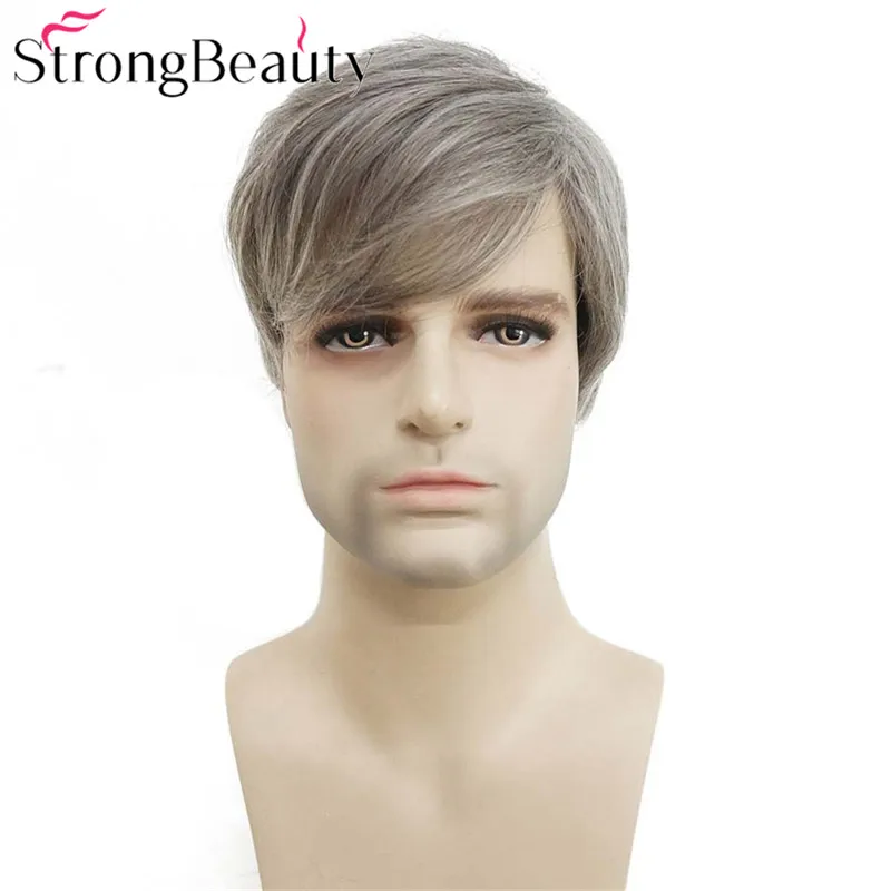 StrongBeauty мужской короткий парик серебристо-серый микс прямые синтетические натуральные волосы термостойкие волокна полные парики