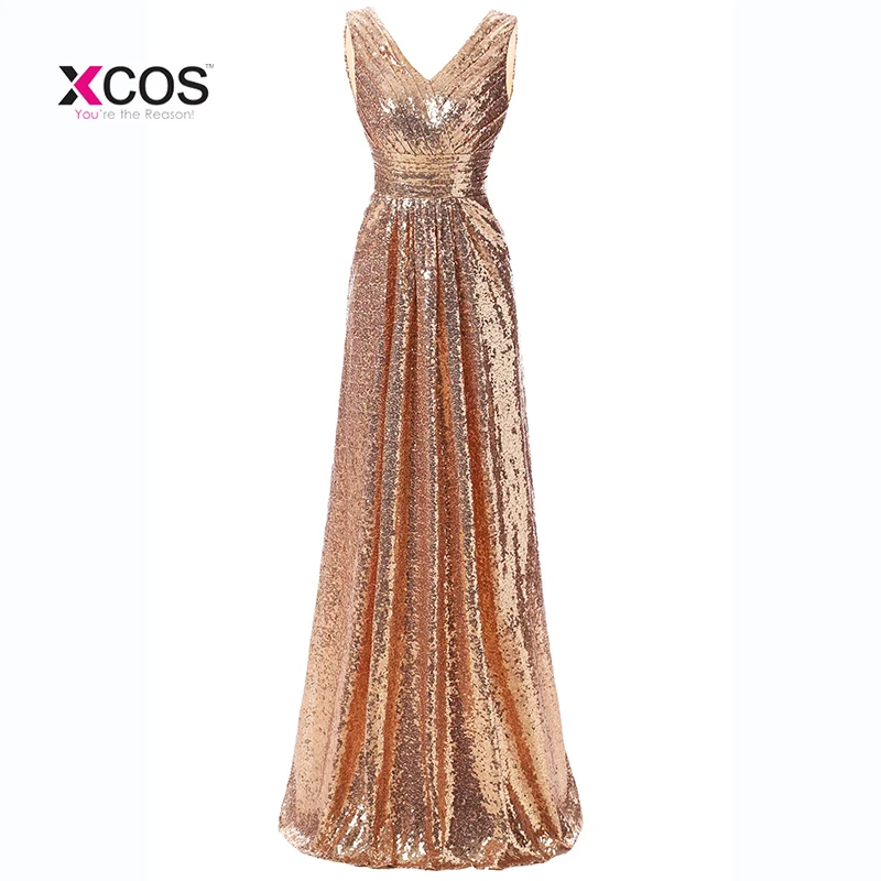 Rose Gold Long Bridesmaid Dresses V neck Sequins Pleat Wedding Party