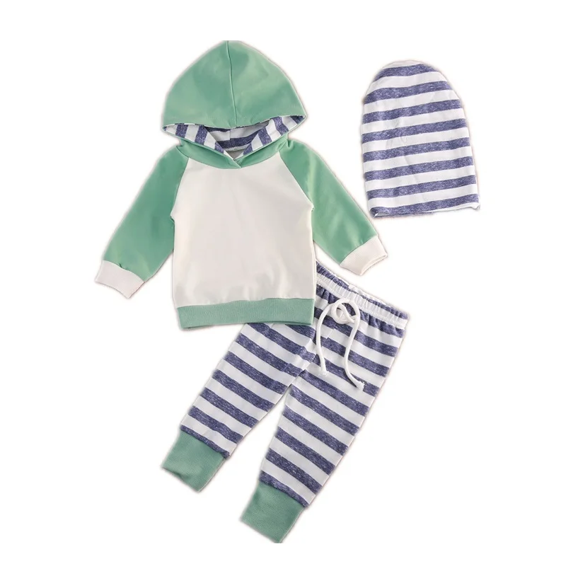Одежда для новорожденных девочек г., Осенний полосатый топ с капюшоном и длинными рукавами+ штаны для маленьких мальчиков комплект одежды из 3 предметов для детей от 3 до 24 месяцев