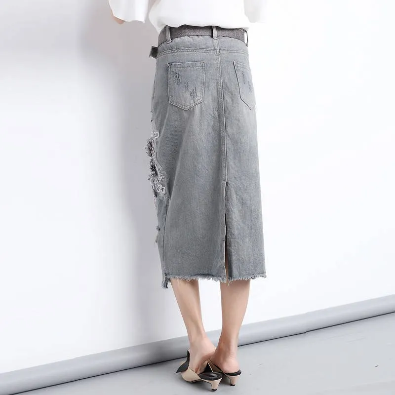 Модная длинная джинсовая юбка для женщин с необычной вышивкой, рваные джинсы, юбка женская с поясом, 3D цветок, Бисероплетение юбки с аппликациями 5XL