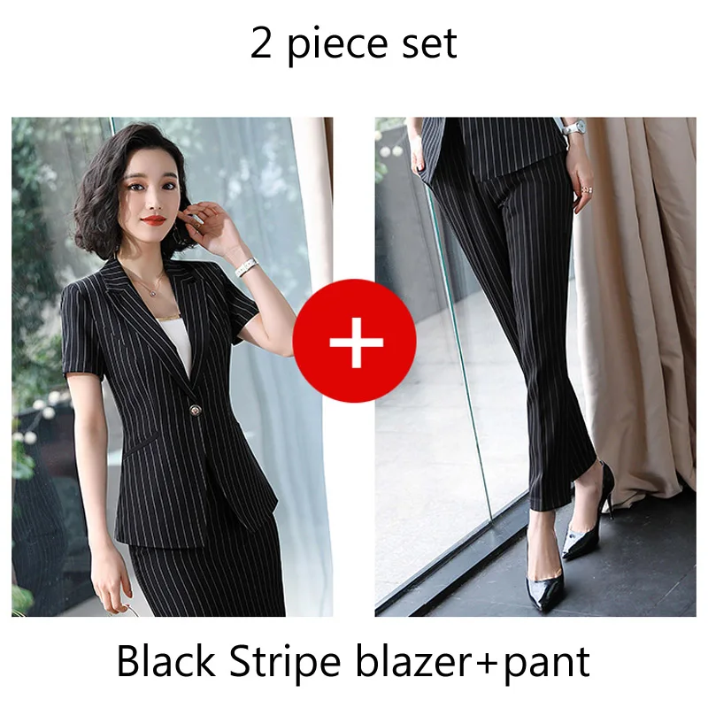 black stripe pant suits