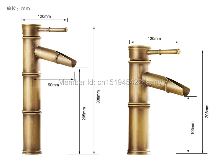 Бесплатная доставка 12 "Бамбук Форма одной ручкой античная латунь Ванная комната Bain раковина кран Водопад Носик Тщеславие смесителя gi35