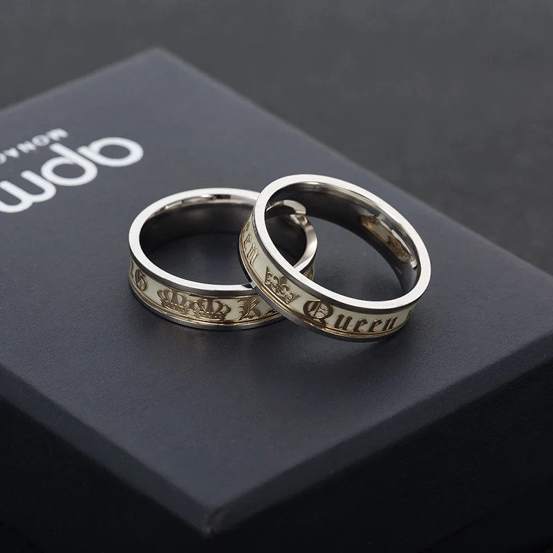 

Luminous Stainless Steel Couple Ring Golden Crown Her King His Queen husband and wife Jewelry Anniversary Valentine's Day Gift