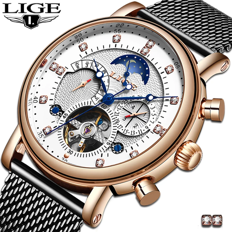 

LIGE Men Fashion Automatic Mechanical Watch Waterproof Luminous Auto Date Week Moon Phase Watches Men Sport Tourbillon Clock