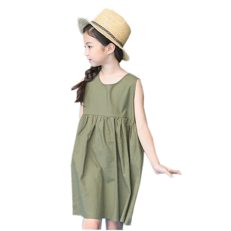 

6 to 16 years kids & teenager girls summer army green sleeveless cotton linen flare dress children fashion dresses clothes