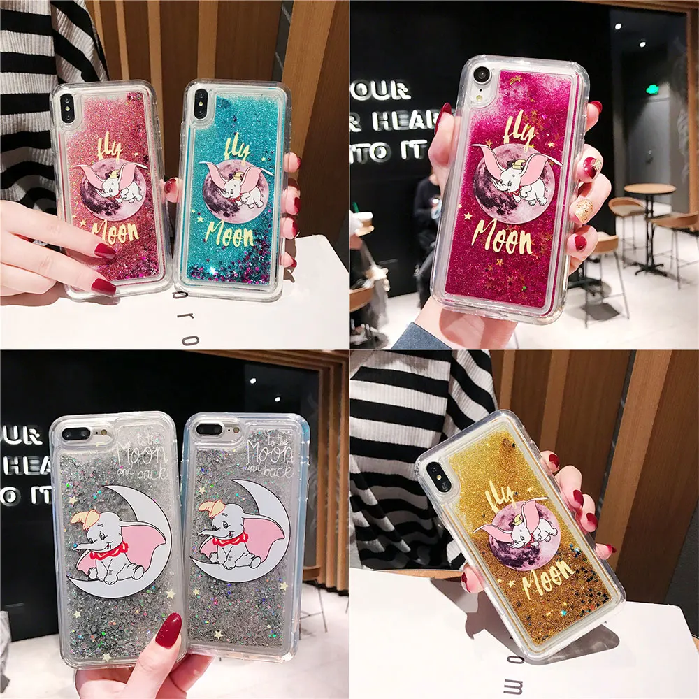 Cartoon Moon Fly Elephant Water Liquid Quicksand Case For iPhone 7 8 6 6S Plus XS Max XR Cover Dynamic Glitter Soft Phone Cases |