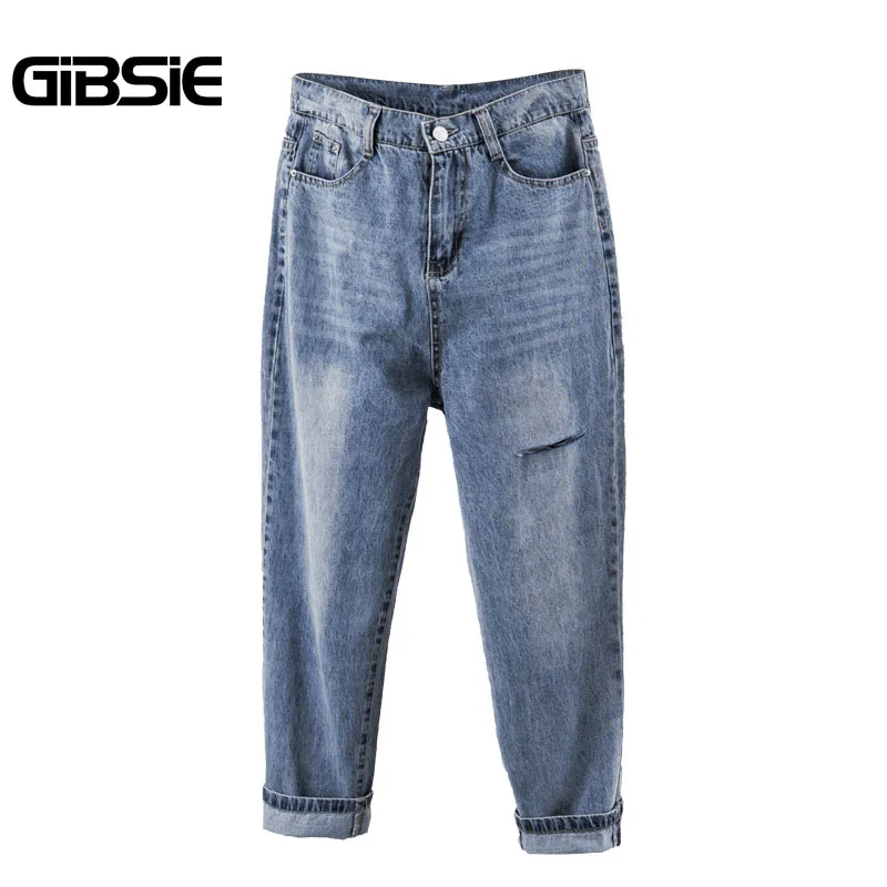 

GIBSIE 2019 Fashion Autumn winter Hole Denim Pants Korean Women Casual Loose Mid Waist Straight Jeans Plus Size Women's Clothing