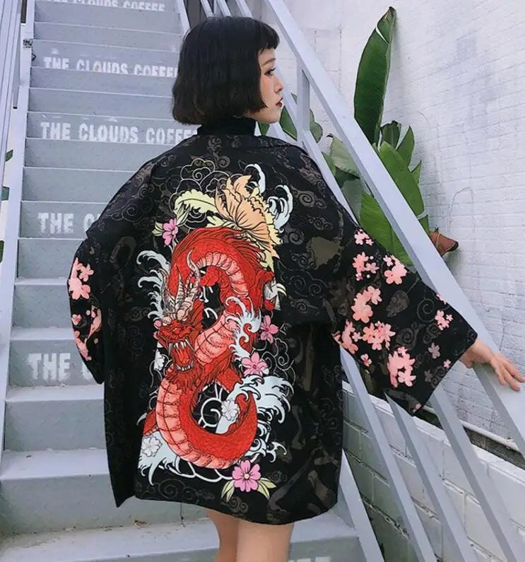 

2018 summer Japanese kimono loose sunscreen Dragon print cardigan shirt