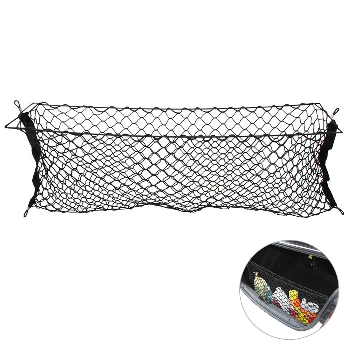 

110 x 40cm Dual Layer Mesh Storage Net Car Trunk Cargo Bag Organizer with 4 Hooks Auto Accessory