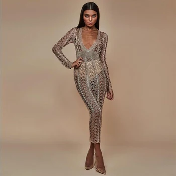 

New Fashion Hot Selling Sexy Summer Gold Silk Long Sleeve Backless Design Women Party Midi Dresses Casual Clothing Wholesale
