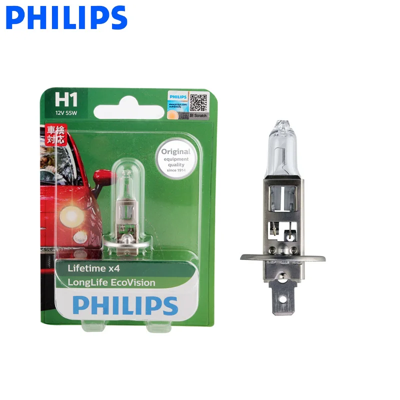 Philips H1 12V 55W LongLife Eco Vision 1500h длинная Автомобильная галогенная фара, автомобильная противотуманная фара ECE, одобрено 12258LLECO B1, 1X