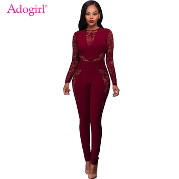 

Adogirl Sheer Lace Patchwork Women Jumpsuit Zipper Back Long Sleeve High Waist Romper Sexy Club Overalls Autumn Winter Outfits
