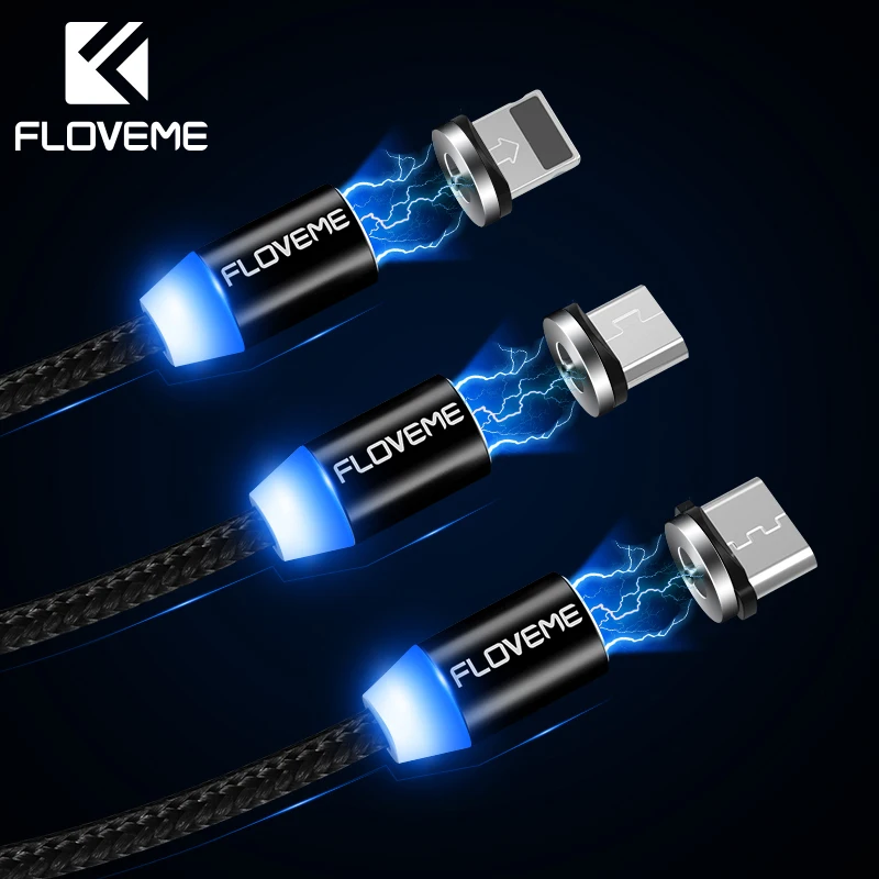 Магнитный кабель 3 в 1 FLOVEME 360 градусов для iPhone X 8 Lighting Micro USB Type C светодиодный