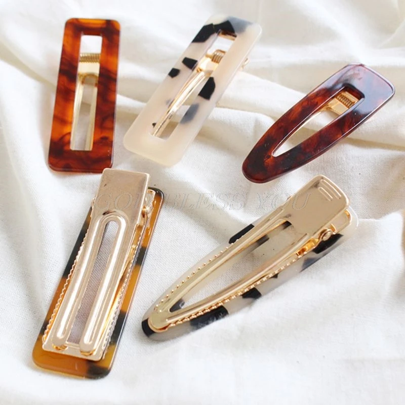Women Girls Korean Vintage Tortie Side Hair Clips Geometric Rectangle Water Drop Shape Hairgrips Retro Leopard Printed Barrettes