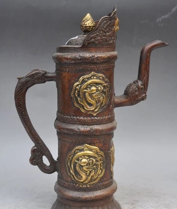 

13" chinese fengshui bronze gilt animal Dragon Bamboo Wine Tea Pot Flagon statue