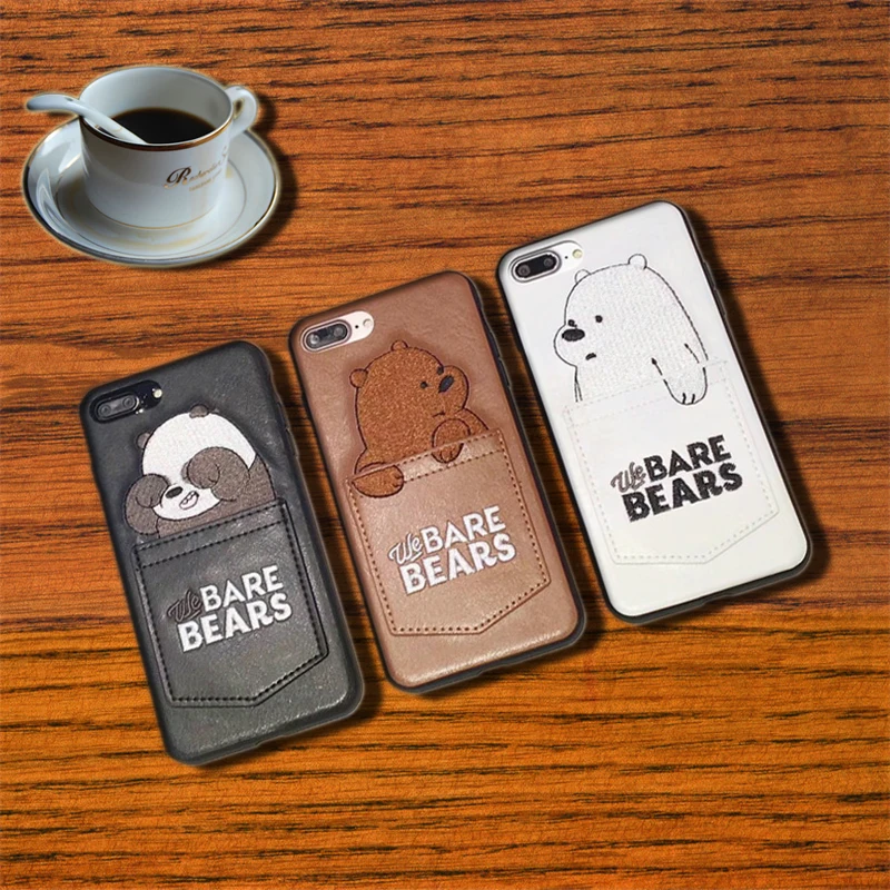

3D Cartoon Embroidery Leather Case for iPhone X 7 7Plus 8 8Plus 6 6s Plus Cute Pocket Bare Bears Back Cover Brown black white