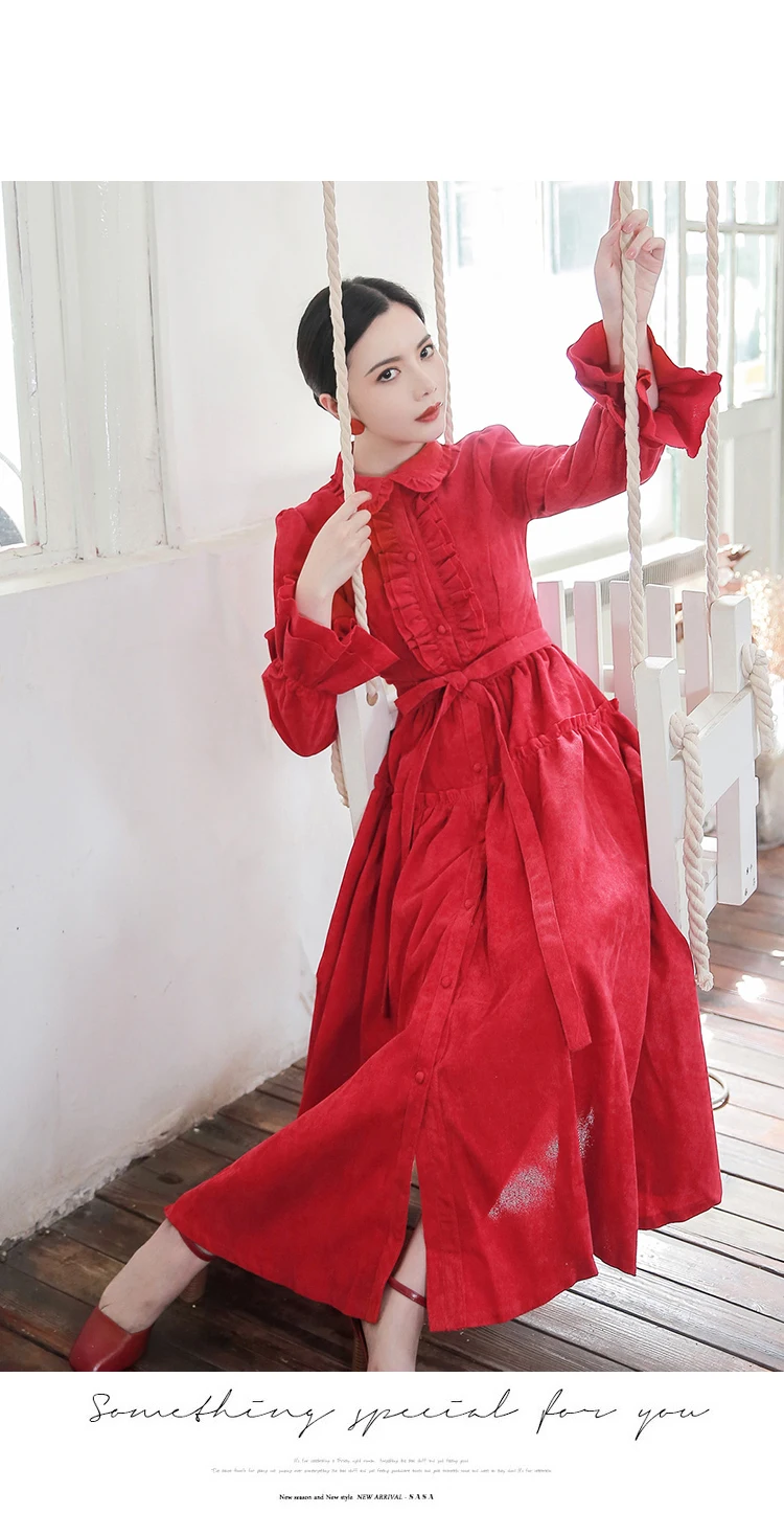 Винтажное элегантное красное вельветовое ТРАПЕЦИЕВИДНОЕ длинное платье-рубашка, осенне-зимнее женское платье с рюшами на воротнике, ретро средневековое большое свободное платье