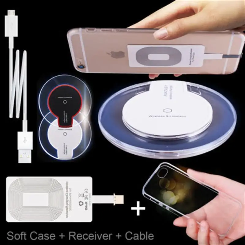 QI Wireless Charger Pad Cable Receiver for iPhone 5s SE 6 6s Plus Charging Dock with Soft Slim Transparent Case gift