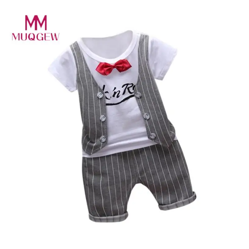 

Boys Kids Clothes Short Sleeve Fake Bow Tie Cotton O-Neck Letter Print T-shirt Tops+PantsTwo Piece Set Outfits Boys Clothes Set