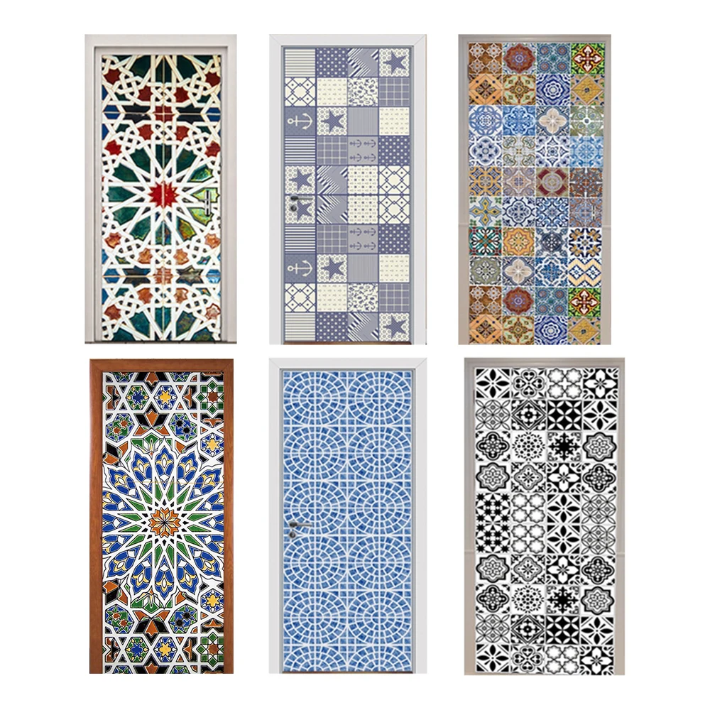 

3D Door Stickers Kaleidoscope Mediterranean Style Color Black and White Tiles Mosaic Bedroom Wooden Door Home Decoration Paste