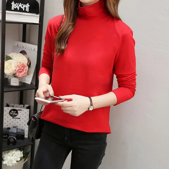 

Autumn Solid Casual T Shirt turtlenck Long sleeve T-Shirt For Women thin Cotton Tops White red black Tee Shirts M-5XL plus size