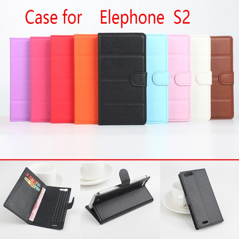 

For Elephone S2 Phone Case Folio Flip Pure Color Lichee Pattern PU Leather Wallet Case Cover Cash/Card Slots SH