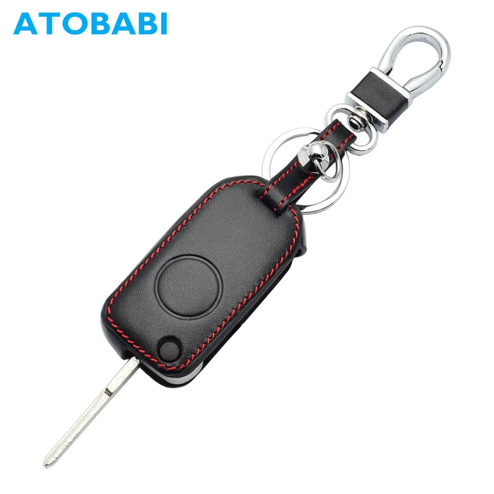 

ATOBABI 1 Buttons Leather Flip Car Key Case Keychain for Mercedes Benz W168 W124 W202 S500 C230 ML55 Remote Protector Skin Cover