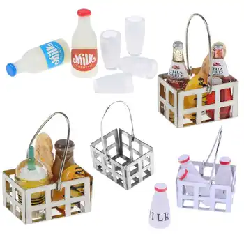 

1:12 Breakfast Miniature Food metal Coffee Wine Bread basket Milk Bottles+milk cup