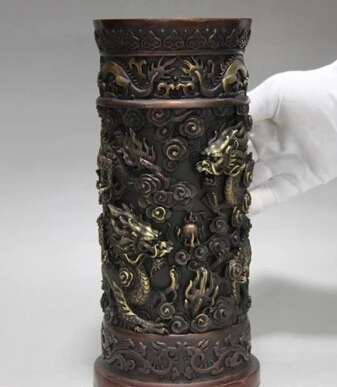 

bi003755 11 Chinese Royal Palace Pure Red Copper Bronze Nine Dragon Pen case brush pot