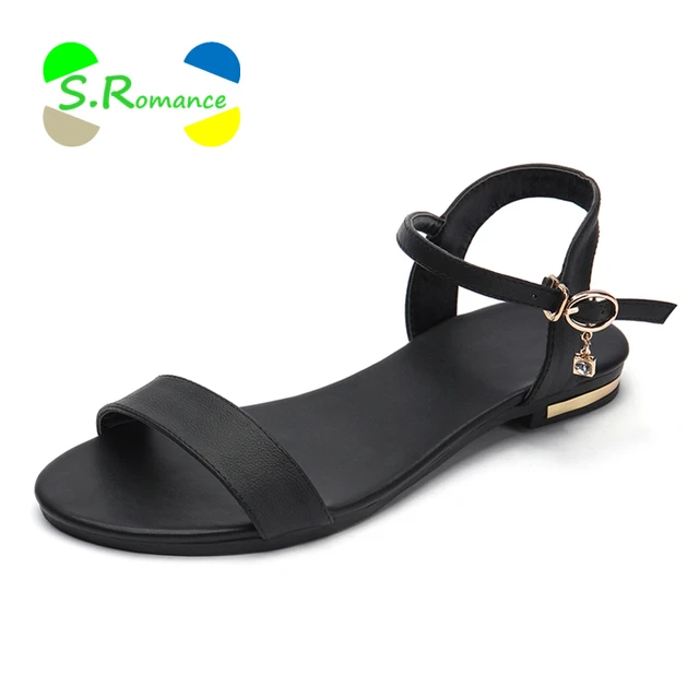 S.Romance Women Sandals Genuine Leather Soft Rubber Sole Basic Buckle Strap Size 34-43 Women's Summer Shoes SS168