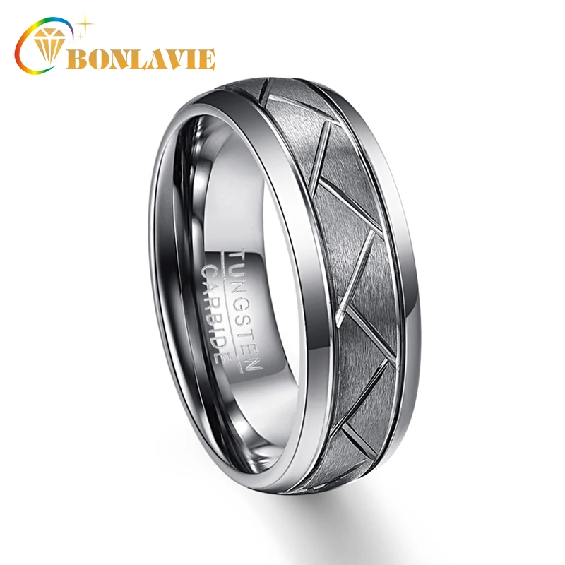

BONLAVIE Tungsten Steel Ring for Men Silver Grey Matte Surface Geometric Diagonal Line Tungsten Carbide Rings Wedding Party