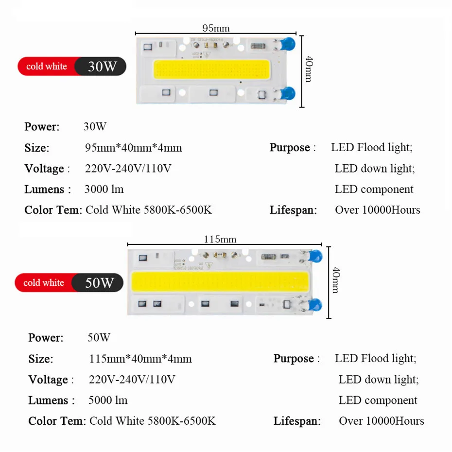 Светодиодный светильник высокой мощности прожектор Smart IC COB Chip AC 110V 220V 240V Led 30W 50W 100W