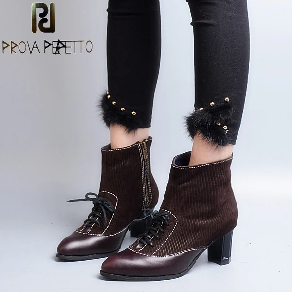 

Prova Perfetto British Pointed Toe Women Ankle Boots Chunky High Heel Genuine Leather Patchwork Cross Tied Martin Boots Shoes