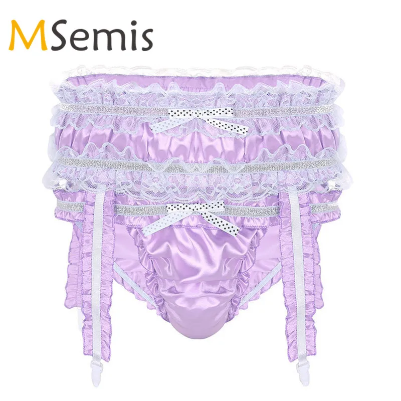 

Mens Sissy Lingerie Soft Shiny Satin Panties with Garters Ruffled Frilly Low Rise Stretchy Sissy Bikini Briefs Underwear Panties