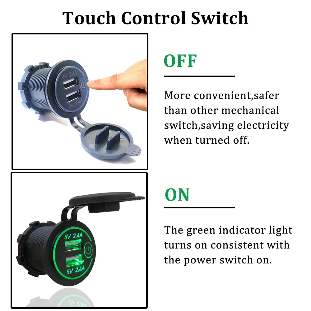 Buendeer 5 V/4.8A двойной USB адаптер для зарядного устройства с сенсорным выключателем зеленый светодиод Панель Крепление 10A предохранитель кабель для мотоцикла RV грузовик