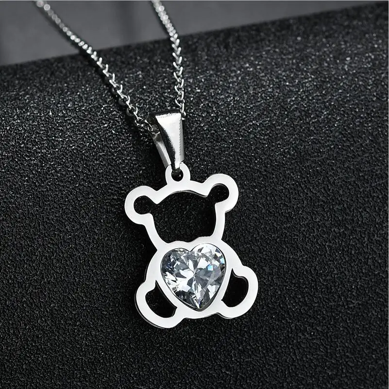 SPARK полые медальон в виде медведя ожерелье из нержавеющей стали Сердце с каменем фианитом цепь животное ожерелье s для женщин подарок на день рождения Femme Bijoux - Окраска металла: Steel color