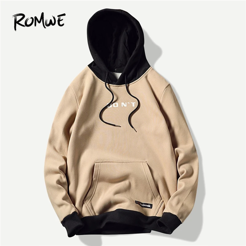 

ROMWE Men Khaki Letter Print Hooded Sweatshirt Autumn Rock Long Sleeve Pullovers Male 2019 Clothing Mens Sweatshirts Hoodies