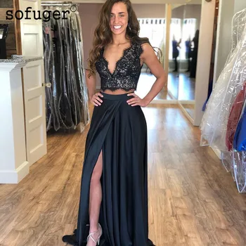 

Two Pieces Black Deep V Neck Satin Evening Dresses Long High Slit Arabic Muslim Special Occasion Vestidos De Fiesta