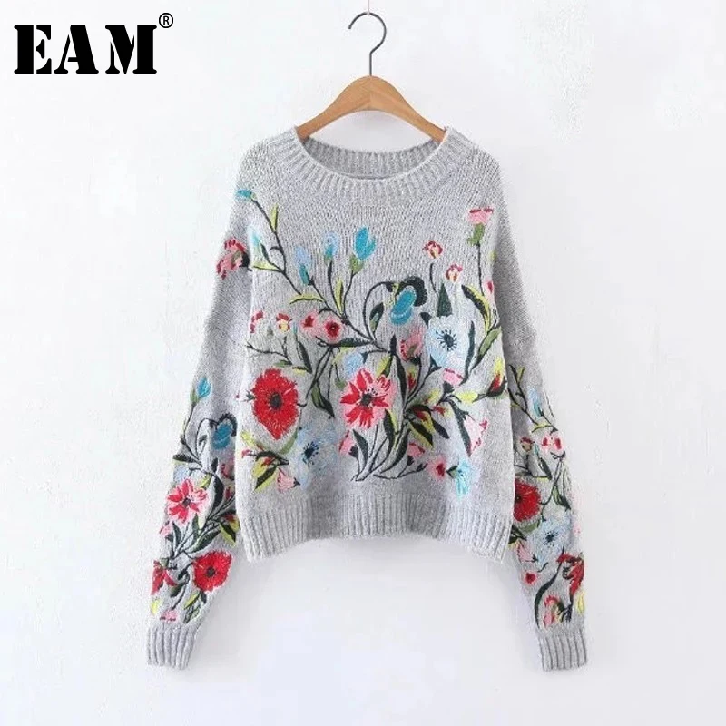 [EAM] 2019 Spring Round Neck Long Sleeve Flower Embroidered Gray Knitting Warm Loose Sweater Women Fashion Tide